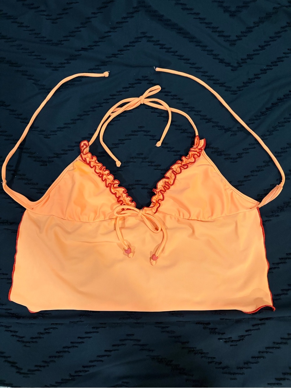 Vintage Women’s Orange Ruffle Trim Open Back Halter Swim Top